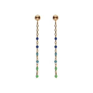 Boucles d'oreille tige en argent et dorure jaune olive, résine multicolore dégradé bleu vert