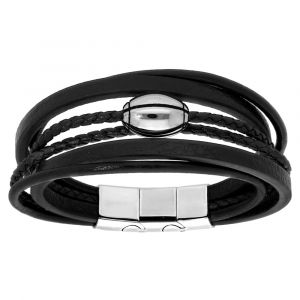 Bracelet en acier et cuir noir plusieurs bracelets et ballon de rugby &agrave; graver- double fermoir 21cm r&eacute;glable 20
