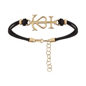 Bracelet en argent rhodi&eacute; cordon doubl&eacute; noir avec croix camarguaise en dorure jaune 16+3cm - Symbole de la Camargue