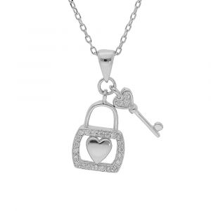 Collier en argent rhodi&eacute; cha&icirc;ne avec pendentif cadenas coeur et clef oxydes blancs sertis 39+2+2cm