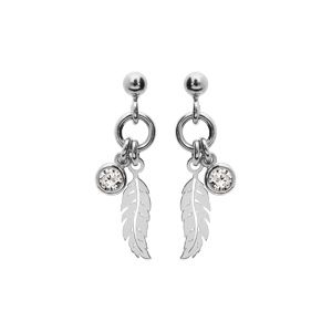 Boucles d'oreille en argent rhodié plume et 1 oxyde blanc serti clos et fermoir poussette