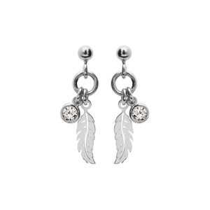 Boucles d'oreille en argent rhodié plume et 1 oxyde blanc serti clos et fermoir poussette