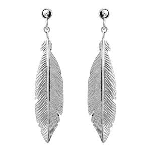 Boucles d'oreilles pendantes en argent rhodié plume finement rainurée et suspendue avec fermoir poussette