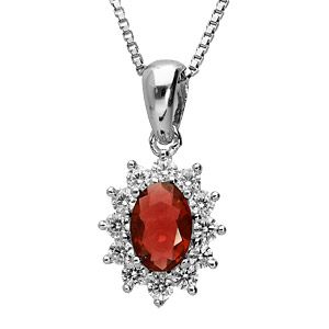 Collier en argent rhodié collection joaillerie chaîne avec pendentif ovale et gros oxyde rouge au centre orné de petits oxydes blancs autour formant une marguerite