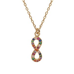 Collier en argent et dorure jaune chaîne avec pendentif infini empierrés et pampilles boules multi couleurs et 40+5cm