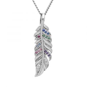 Collier en argent rhodi&eacute; cha&icirc;ne avec pendentif plume et oxydes multi couleurs 42+36cm