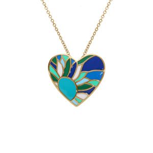 Collier Stella Mia en acier doré pendentif  coeur résine bleu-vert    -  45+10cm