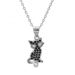 Collier en argent rhodi&eacute; cha&icirc;ne avec pendentif chat oxydes noirs sertis 43cm r&eacute;glable 41 et 39cm