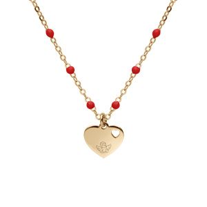 Collier en argent et dorure jaune chaîne avec boules couleur rouge avec pendentif coeur 40+5cm