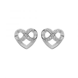 Boucles d'oreille en argent rhodi&eacute; coeur et infini oxydes blancs sertis et fermoir pousette