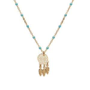 Collier en argent et dorure jaune cha&icirc;ne avec boules couleur turquoise avec pendentif attrape r&ecirc;ve 40+5cm