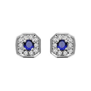 Boucles d'oreilles en argent rhodié collection joaillerie carré biseauté et oxydes sertis blancs avec coeur en oxyde bleu et fermoir poussette