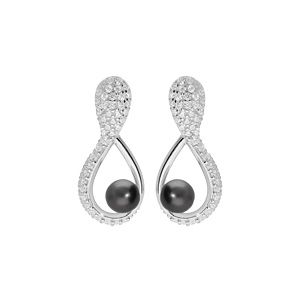 Boucles d'oreille en argent rhodié motif infini pavé d'oxydes blancs et Perle de Tahiti véritable 7mm et fermoir poussette