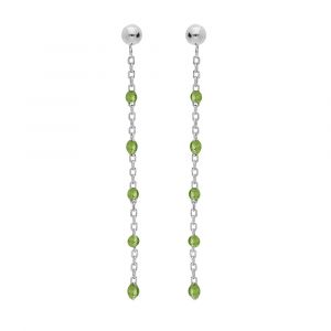 Boucles d'oreille en argent rhodi&eacute; cha&icirc;nette avec olives couleur vert transparent et fermoir poussette