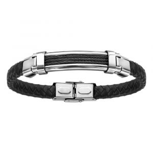 Bracelet en acier et cuir noir tresse 3 rangs c&acirc;ble noir 21cm r&eacute;glable