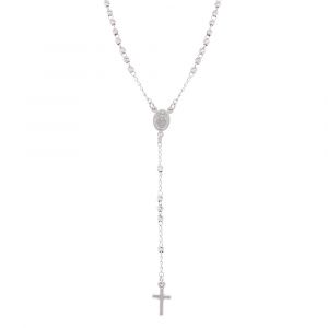 Collier en argent rhodi&eacute; chapelet boules diamant&eacute;es - 45+5cm