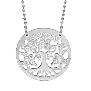 Collier en argent rhodié chaîne maille boules avec pendentif cercle avec arbre de vie à l'intérieur - longueur 42cm + 3cm de rallonge
