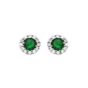 Boucles d'oreilles en argent rhodié collection joaillerie 1 gros oxyde vert au centre avec contour en oxydes blancs et fermoir poussette