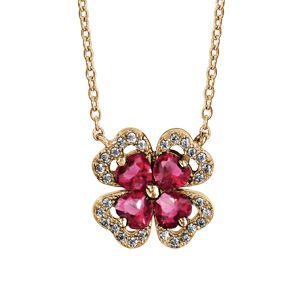 Collier en vermeil chaîne avec trèfle et pierre rouge entourage oxydes blancs sertis 40+4cm