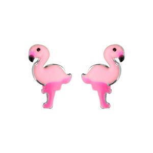Boucles d'oreille enfant en argent rhodié flamant rose et fermoir poussette