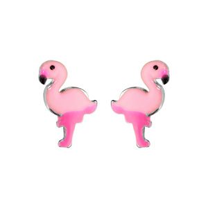 Boucles d'oreille enfant en argent rhodié flamant rose et fermoir poussette