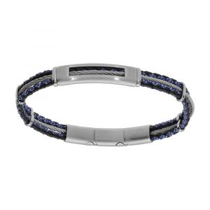 Bracelet en acier cordon bleu et noir avect c&acirc;ble gris longueur 20+1cm double fermoir