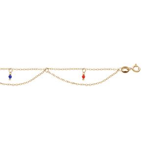 Chaîne de cheville en argent et dorure jaune 2 rangs avec boules multi couleurs 23+3cm