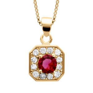 Collier en vermeil pendentif carre oxydes sertis blancs pierre centrale rouge  - 42+3cm
