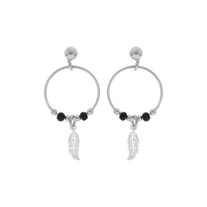 Boucles d'oreille en argent rhodié anneau suspendu 15mm avec boules lisses et noires pampille plume fermoir poussette