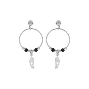 Boucles d'oreille en argent rhodié anneau suspendu 15mm avec boules lisses et noires pampille plume fermoir poussette