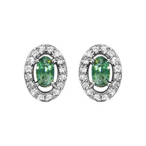 Boucles d'oreilles en argent rhodié collection joaillerie oxyde ovale vert avec entourage d'oxydes blancs sertis et fermoir poussette