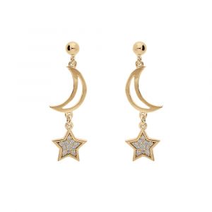Boucles d'oreille en plaqu&eacute; or lune &eacute;vid&eacute;e et &eacute;toile avec oxydes blancs sertis et fermoir poussette