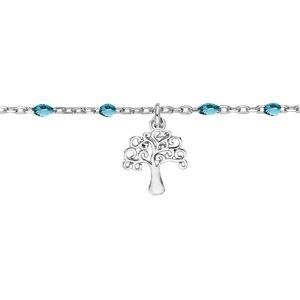 Chaîne de cheville en argent rhodié perles bleu tranparent et arbre de vie 23+3cm