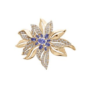 Broche en plaqué or motif fleur avec oxydes bleus et blancs sertis