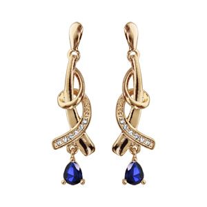 Boucles d'oreilles pendantes en plaqué or collection joaillerie 2 brins entrelacés avec oxyde bleu suspendu et fermoir poussette
