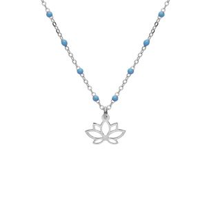 Collier en argent rhodié chaîne avec boules couleur bleu avec pendentif fleur de lotus 40+5cm