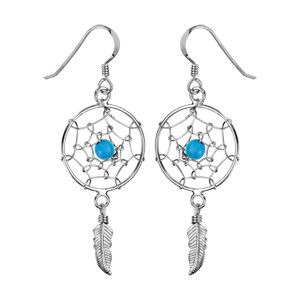Boucles d'oreilles pendantes en argent rhodié attrape rêve de 17mm avec 1 boule turquoise au centre et 1 plume suspendue et fermoir crochet