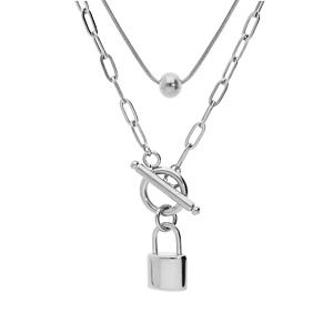 Collier en acier double rang avec pendentif cadenas 44cm