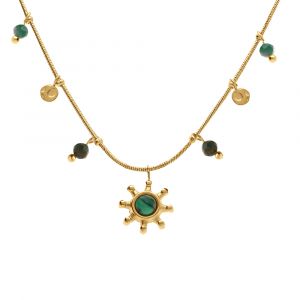 Collier en acier dor&eacute; pampilles boules de couleur et pendentif soleil malachite v&eacute;ritable  - 39+5cm