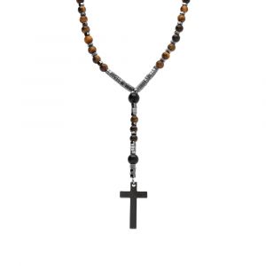 Collier en acier chapelet boules diam&egrave;tre 6 et 8 et croix 35mm x 20mm PVD noir sans fermoir - 70cm