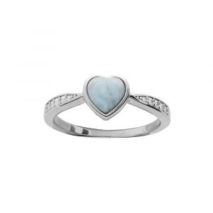 Bague en argent rhodi&eacute; coeur en pierre Larimar bleu v&eacute;ritable et oxydes blancs sertis