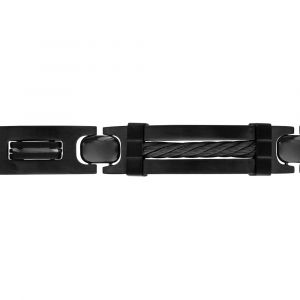 Bracelet en acier et PVD noir plaque et  gros c&acirc;ble noir 21,5cm (r&eacute;glable en 20,50 et 19 cm) triple fermoir