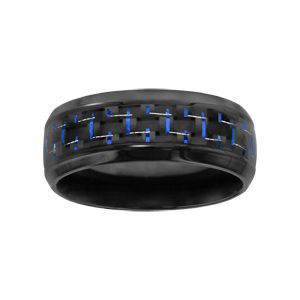 Bague en acier et PVD noir avec quadrillage en carbone et fils bleus