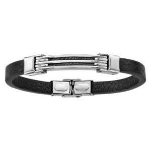 Bracelet en acier et cuir noir 2 rangs c&acirc;ble noir 21cm r&eacute;glable