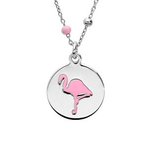 Collier en argent rhodié chaîne avec pendentif galet motif flamant rose 39+3cm