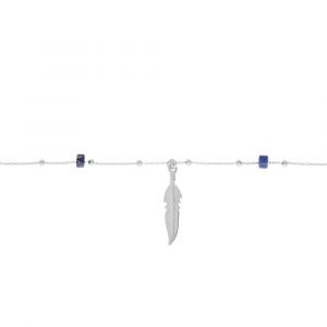 Cha&icirc;ne de cheville en argent platin&eacute; avec pampille plume et rondelles Lapis Lazuli v&eacute;ritable 22+3cm