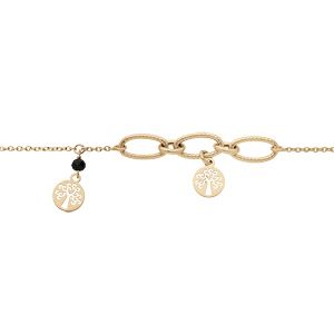 Bracelet en argent et dorure jaune chaîne avec gros maillons et pampilles arbre de vie et pierre faceté de couleur noire 16+3cm