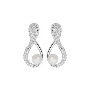Boucles d'oreille en argent rhodié motif infini pavé d'oxydes blancs et Perle de culture d'eau douce blanche 5mm et fermoir poussette