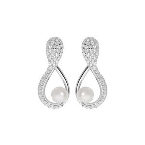 Boucles d'oreille en argent rhodié motif infini pavé d'oxydes blancs et Perle de culture d'eau douce blanche 5mm et fermoir poussette