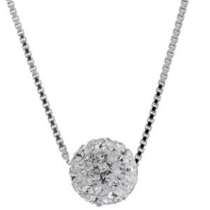 Collier en argent rhodi&eacute; cha&icirc;ne avec pendentif moyenne boule en r&eacute;sine et strass blancs - longueur 38cm + 5cm de rallonge